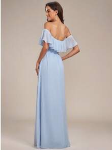 Off Shoulder Ruffles Sleeve Side Split A-Line Baby Blue Bridesmaid Dress Wedding Guest Dress For Wedding Valentine's Day - Baby Blue - View 3