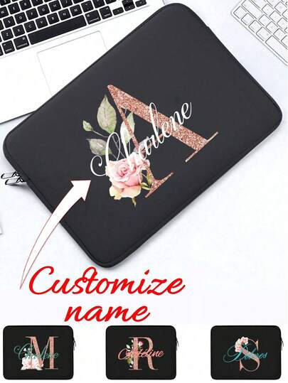 1pc 13-Inch DIY Floral & Letter Print Laptop Sleeve, Minimalist Briefcase, Laptop Protective Case, Commuter Bag, Document Organizer, Zipper Laptop Carrying Bag, Suitable For Daily Commute, Business Travel, Tourism, Back To School, Also An Ideal Birthday Or Holiday Gift