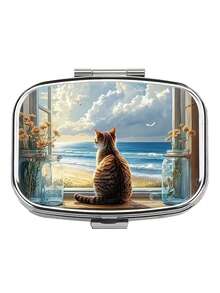 1 cutie metalică pentru pastile cu 2 compartimente, cu design de pisică - recipient decorativ portabil pentru depozitarea vitaminelor, cu modele florale și inimioare vibrante, alimente, interior din plastic, cutie pentru vitamine, potrivită pentru călătorii