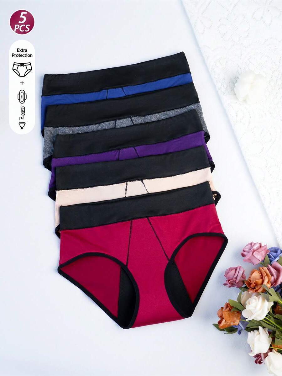 5条/包 女士高腰生理期内裤，舒适透气亲肤防漏产后内裤 - 彩色 - 查看 1