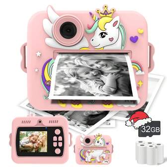 Cámara instantánea para niños, incluye 3 rollos de papel de impresión y 5 bolígrafos de colores, juguete de regalo de Navidad/cumpleaños, juguete de fotografía de viaje ideal, que inspira la creatividad, diversión para niños y niñas de 3 a 12 años - (Rosa/Verde/Morado) Juguete de fotografía de viaje ideal, que inspira la creatividad, diversión (Dos opciones: Cámara individual o tarjeta de almacenamiento de 32 GB + Juego de 5 rollos de papel de impresión) - Navidad, cumpleaños, Año Nuevo, Halloween