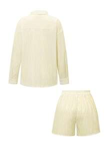 秋季女士休闲条纹衬衫和短裤两件套梭织套装 - 黃色 - 查看 4