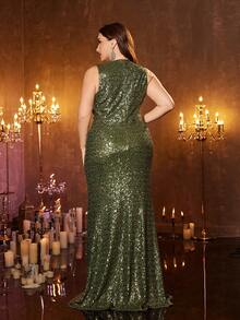 XUIBOL 大码V领亮片晚礼服，优雅适合派对、婚礼、正式场合、新娘礼服、生日派对、毕业典礼等。 - 橄欖綠 - 查看 3