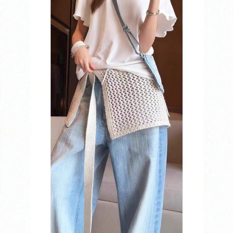 1 Piece Hollow Knitted Half Skirt Solid Color Fashionable Matching Pants Butt Curtain Accessories - 杏色 - 查看 1