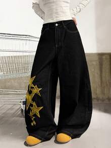 1件装 女士复古街头风刺绣筒裤，宽松阔腿牛仔裤，时尚百搭四季裤（不含腰带/配饰） - 黑色 - 查看 8