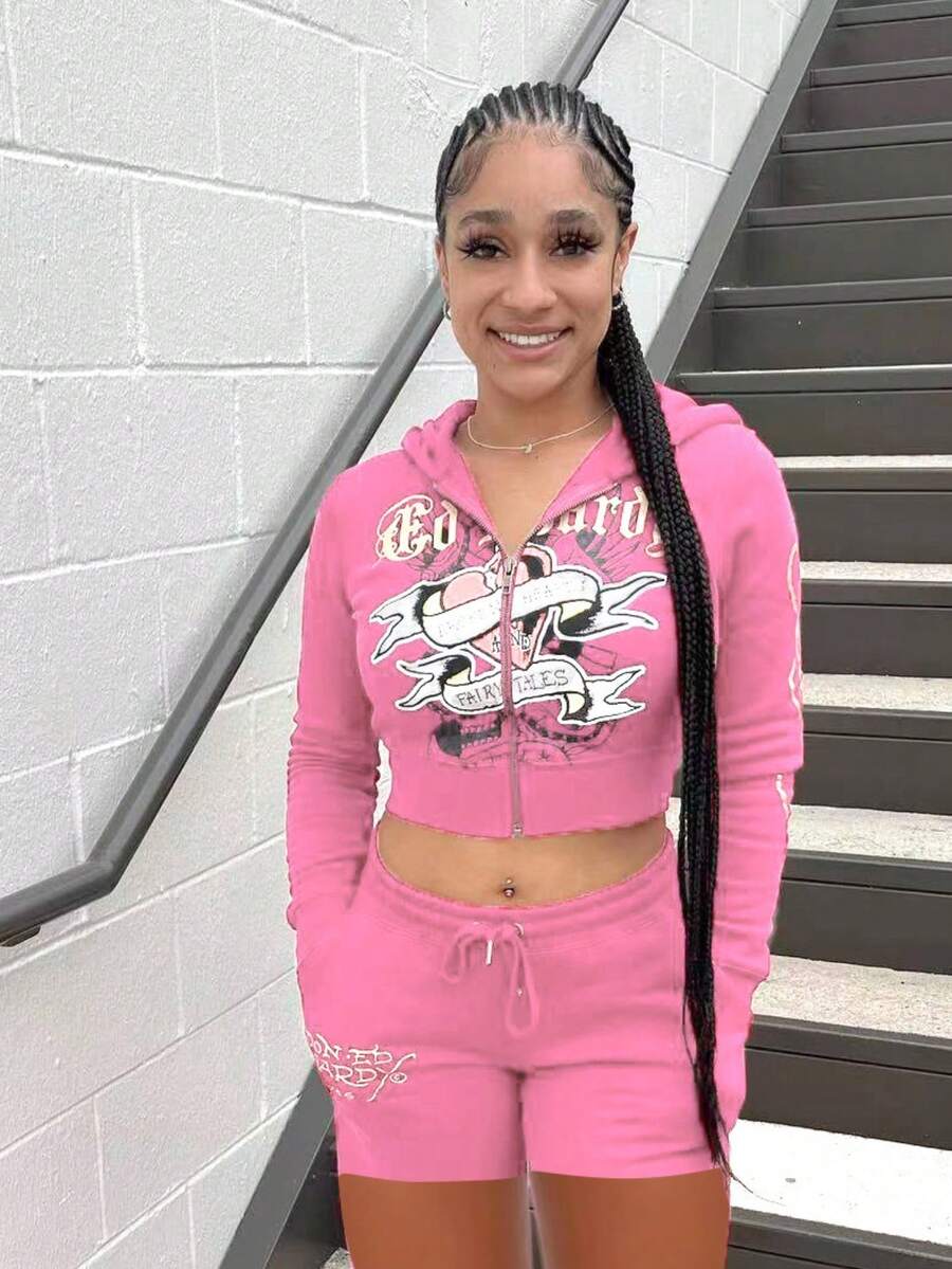 2 Piece Sets Woman,Women's Street Style Skull And Heart Print Zipper Short Cardigan And High-Waisted Pants Two-Piece Set - 淺粉紅色短款 - 查看 1