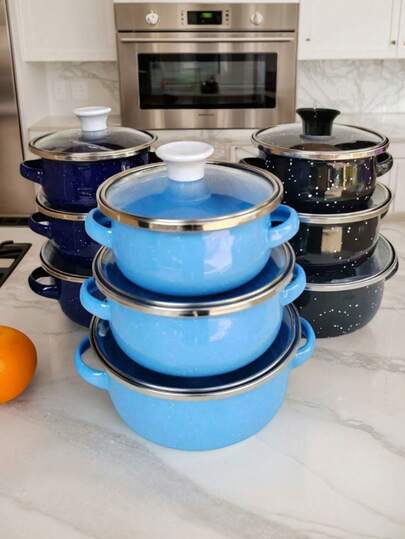 3pcs Multifunctional Enamel Cookware Set, Lightweight & Portable, Includes Saucepan, Casserole, And Non-Stick Pan With Glass Lids, Easy To Clean, Suitable For Gas & Induction Stoves, Durable, Essential For Home & Restaurant Kitchens. Great Cooking Companion For Eid, Ramadan, Easter, Valentine's Day