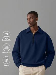 Men's Casual Loose Half-Zip Collared Pullover Pullover Sweatshirt, Street Style, Autumn/Winter - Navy Blue - View 1