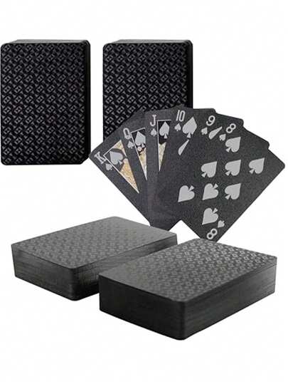 2 piezas Cartas de juego impermeables y flexibles, con caja, material de plástico impermeable, color dorado y negro, patrón de letras y corazones dorados, diseño genial, adecuado para fiestas, juegos, regalos y celebraciones, cartas de juego negras, regalo negro, cartas de juego