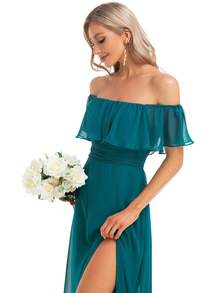 Off Shoulder Ruffles Sleeve Side Split A-Line Bridesmaid Dress Wedding Guest Dress Wedding - Teal Blue - View 7