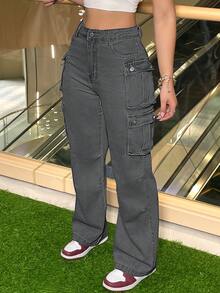 Women's Plus Size Loose Jeans Street Fashion Multi-Pocket Flared Hem, Office Non-Stretch Ladies Daily Wear. - Xám - Xem 5