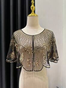 Scialle in rete di poliestere vintage con paillettes, colore champagne, adatto per matrimoni, banchetti, feste - accessorio delizioso, abbigliamento da banchetto, eleganza vintage, mantella con paillettes che può essere lavata a mano per abiti - multicolore - Visualizzare 9