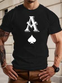 Herren--Shirt mit Pik--Motiv - Lässiges schwarzes Baumwoll--Shirt mit weißem Design.Sommer-Streetwear für Erwachsene.Rundhals.Kurzarm.Normale Passform.Spade TopRundhals--ShirtLeichte Dehnbarkeit - Schwarz - Übersicht 6