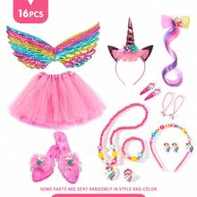 Conjunto de disfraz de niña unicornio, bolso de muñeca, clips para el cabello con peluca colorida, vestido de princesa, falda de ballet, mini falda, conjunto de princesa, accesorios para el cabello, disfraces de juego de roles para niños para fiestas, cumpleaños y Navidad - Multicolor - Ver 13