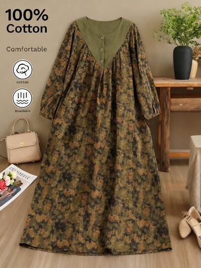 女士优雅复古碎花宽松亚麻长连衣裙，圆领V领撞色设计，秋/春季款