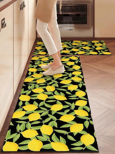 1pc/3pcs Set Soft Thick Kitchen Floor Mat, Lemon Tree Pattern Anti-Slip Anti-Oil Mat, 1000gsm Silica Gel Plush Material Waterproof Dirt-Resistant, High Density Absorbent Design, Suitable For Kitchen, Living Room, Laundry Room, Bathroom And More Scenarios