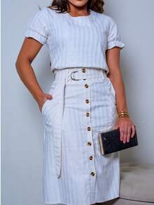 Women's Striped Linen Set Tailoring Modest Christian Evangelical Fashion - Rượu sâm banh - Xem 4