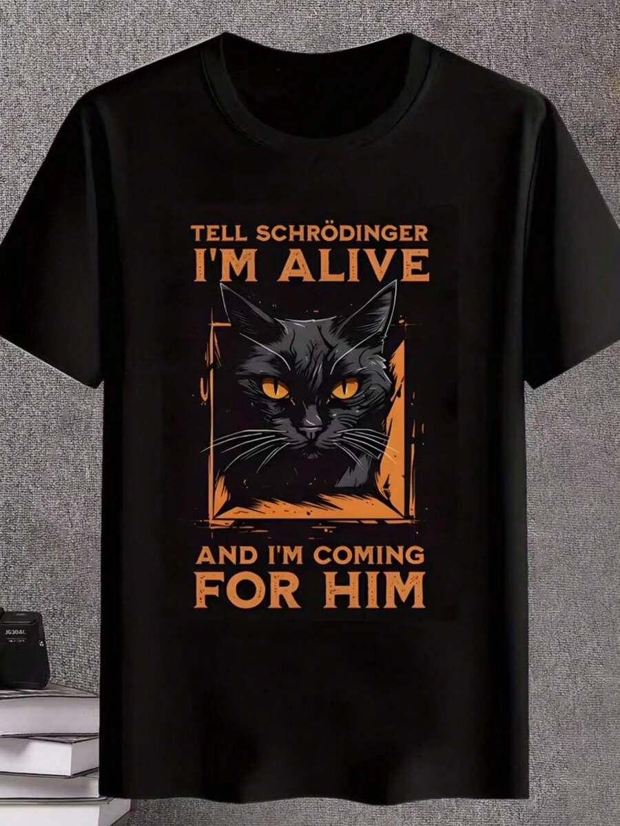 Camiseta casual de cuello redondo para hombre con estampado de meme de mecánica cuántica, camiseta para hombre con patrón de gato de Schrödinger, regalo para entusiastas de la mecánica cuántica, camiseta divertida para amigos, camiseta novedosa para fiestas de Halloween, ropa para hombre con estampado de gato negro de ojos naranjas, regalo divertido, ropa casual, diseño humorístico, camiseta de cultura pop, ajuste cómodo, regalo para amigos, amantes de los memes, estilo cómodo para adultos para todas las estaciones, tamaño estándar para hombre listo para usar. - Negro - Ver 1