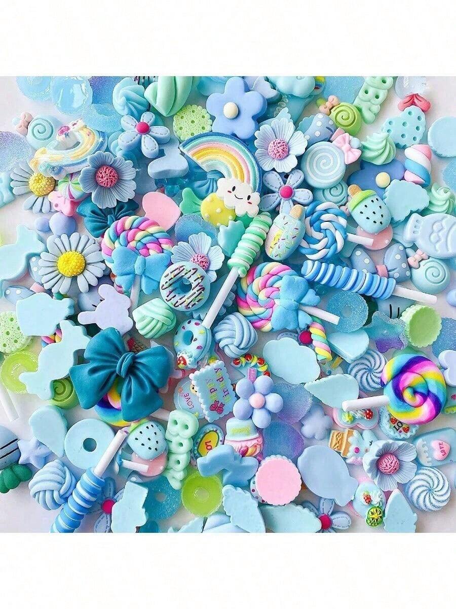 20pcs/Pack Random Cute Pendant Set, Mixed Blue Resin Flat Pendant, Suitable For DIY Crafts, Scrapbooking Decoration - Blue - View 1