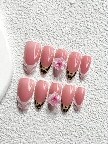 10pcs Pink French Minimalist Style Nail Stickers, Leopard Print Pattern, Delicate Pink Flower Nail Art Decor, Pink Gel Manicure, 3 Sizes Available: Almond, Duck Mouth, Coffin Shape, Includes Nail Tools (1 Jelly Sticker + 1 Nail File), Suitable For Parties, Autumn/Winter, Gatherings, Daily Wear Nails Nail Supplies - Nhiều màu - Xem 14