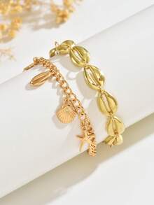2pcs/Set Bohemian Style Starfish Pendant Bracelets, Fashion Minimalist Elegant Niche Design Bracelet Set, Suitable For Women Daily, Party, Beach, Gala, Music Festival And Any Occasion - Gold - View 4