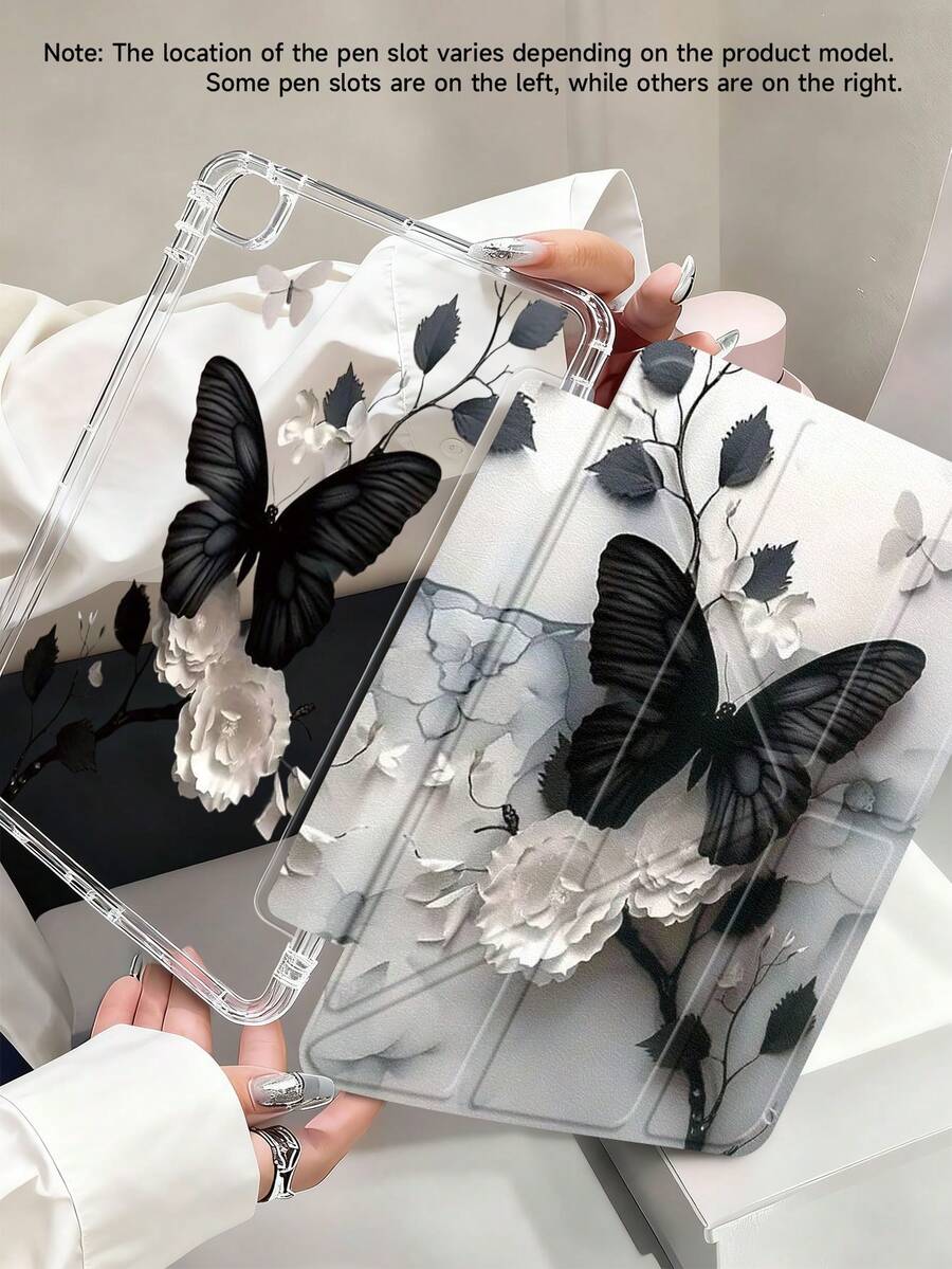 动感黑色蝴蝶图案平板电脑保护套，兼容 Air 11 英寸 M3 2025 / M2 2024、Air 第五代 2022、(A16) 11 英寸第十一代 2025、Galaxy Tab、Kindle Paperwhite 第十二代 2024，透明后盖，时尚图案保护套，具备自动休眠/唤醒功能和气囊保护，适合作为礼品和办公用品。 - 彩色 - 查看 1