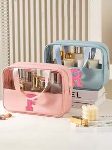 1pc Multi-Functional PVC Toiletry Bag, Transparent PVC Cosmetic Bag, Large Capacity Makeup Bag, DIY Letter Design Makeup Bag, Waterproof Travel Organizer Bag, Minimalist Letter Patch Travel Cosmetic Bag, Suitable For Cosmetics, Perfume, Beach, School, Bathroom, Festivals, Mother's Day, Christmas, Great Gift For Mom, Family, Friends - Multicolor - View 4