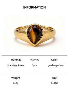 18K Gold Plated Stainless Steel Tiger Eye Stone Ring, Natural Gemstone Inlaid, Water Drop Shape, Fashion Jewelry For Men And Women