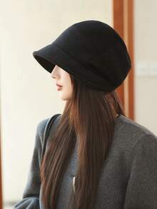 LEAJOURNO. 1pc Women's New Solid Color Thick Bucket Hat, Korean Style, High-End, Windproof, Versatile Casual Beanie, Autumn/Winter Vacation Outfits - Black - View 7