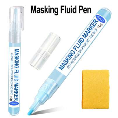 ELHUA 水彩遮蔽液笔，绘图胶，专业美术用品，带橡皮擦，绘图中号笔，笔尖带涂抹器，遮蔽液马克笔，适用于各种艺术项目，水彩墨水（蓝色，3mm） - 使用前摇晃遮蔽液笔以使液体均匀分布，在平面上按压笔尖数次直至遮蔽液流出，使用后立即盖上笔帽。