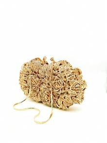 Glamorous, Elegant And Luxurious Crystal Flower Evening Clutch Bag, Women's Formal Wedding Party Handbag, Flower Crystal Handbag, Fully Handmade Metal Rhinestone Evening Bag, Retro Sequin Clutch, Wedding Party Prom Bag, Chain Shoulder Evening Bag, Ideal For Weddings, Galas And Parties, Best Gift For Women - Vàng - Xem 2