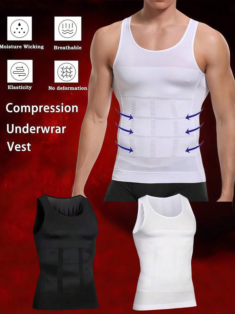 1pc Men's Slim Fit Compression Undershirt, Abdominal Shaping Shirt, Moobs Sweat Vest Suitable For Running, Gym, Home Use, Sports Compression Vest, Shaping Sleeveless Breathable Fitness Vest For Men