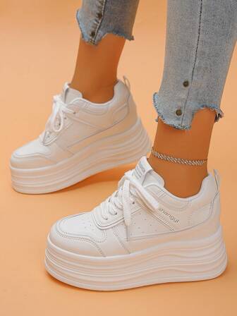 Women's Platform Sneakers, Solid Color Casual Outdoor Lace-Up Round Toe Fashion Versatile Height Increasing Shoes, Suitable For Spring And Autumn