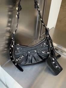 Women's Shoulder Bag, Crossbody Style, Rivet Detail, Comes With Wallet! NO MIRROR! - Negro - Ver 1