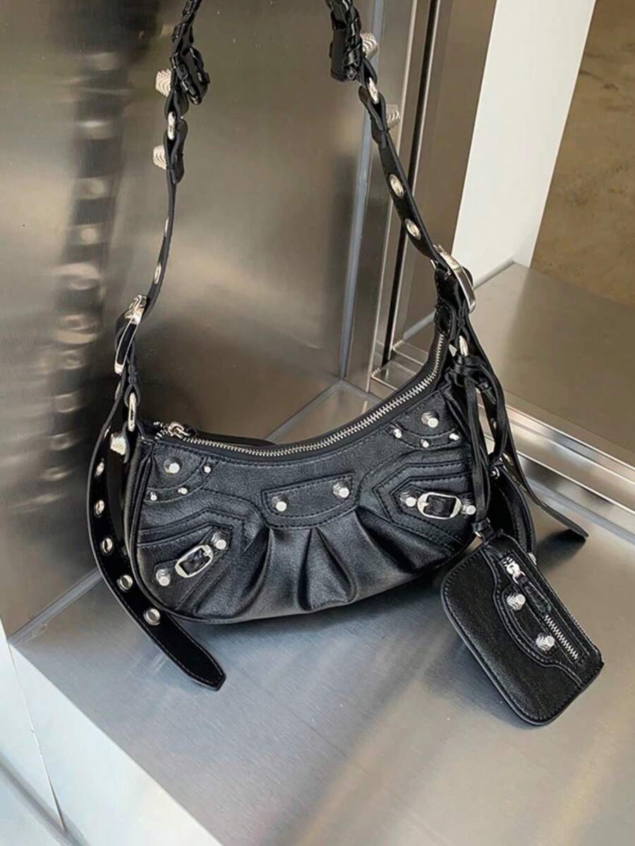 Women's Shoulder Bag, Crossbody Style, Rivet Detail, Comes With Wallet! NO MIRROR! - Negro - Ver 1