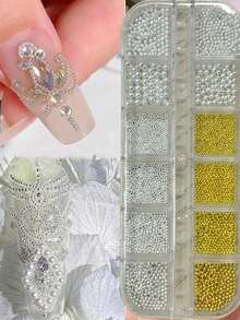 1 علبة من الخرز الدائري الذهبي والفضي متعدد الأحجام، ديكور كرات ثلاثية الأبعاد صغيرة، مستخدمة بشكل شائع من قبل فنيي الأظافر لمواد تطعيم الأظافر DIY، مناسبة لفن الأظافر المنزلي والاحترافي