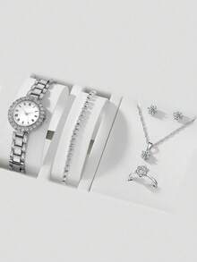 1块镶嵌水晶的圆形表盘石英表和5件套首饰，无礼盒，适合节日佩戴