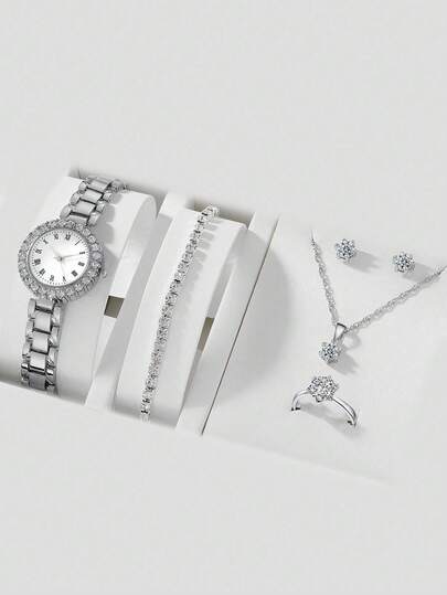 1块镶嵌水晶的圆形表盘石英表和5件套首饰，无礼盒，适合节日佩戴
