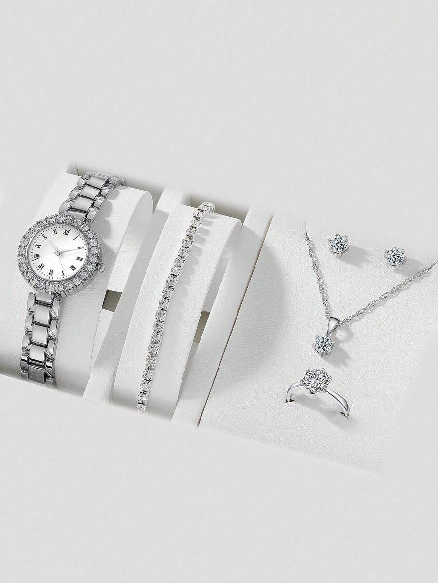 1块镶嵌水晶的圆形表盘石英表和5件套首饰，无礼盒，适合节日佩戴