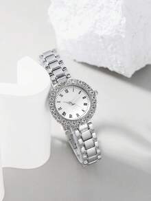 1块镶嵌水晶的圆形表盘石英表和5件套首饰，无礼盒，适合节日佩戴