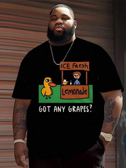 Plus Size Men's Casual Round Neck T-Shirt, Polyester Knit Fabric, Comfortable & Breathable, Fashionable & Cool Street Style "Cartoon Cute Duck" Graphic Print, Casual Street Design Fresh Series, Unique Personalized Top