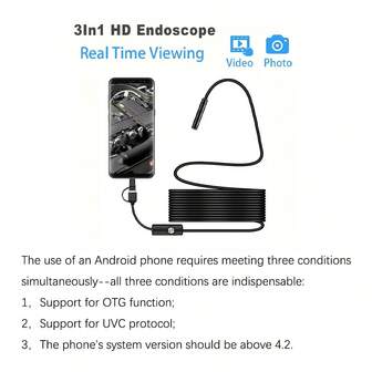 1pc 3 IN 1 Type-C Micro USB Endoscope Camera, 0.3 Inch/7mm Waterproof Lens, 6 LED Lights, 2m/5m Rigid Cable, Suitable For Car Inspection, AC Vent, Industrial Pipe Inspection, USB Endoscope OTG For Android Phones, Computers, Borescope Waterproof, Compatible With Windows PC, No Wireless, No Bluetooth