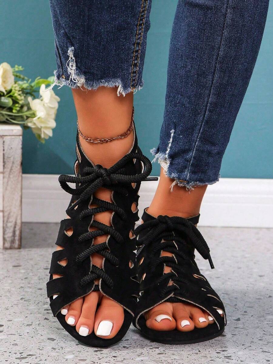 Breezelady Women's Fashion Multi-Design Sandals With Zipper, Drawstring, Hollow-Out, Round Toe, Open Toe, Flat, Strap, Outdoor, Comfortable, Plus Size, Breathable Casual Sandals For Summer And Spring - 黑色 - 查看 1