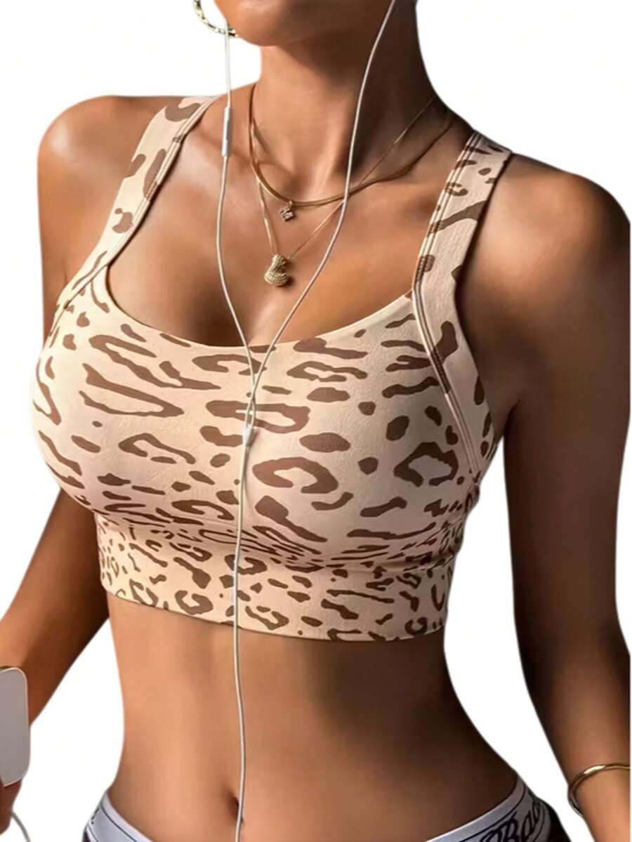 豹纹运动文胸，交叉露背性感瑜伽健身文胸 - 薑色 - 查看 1