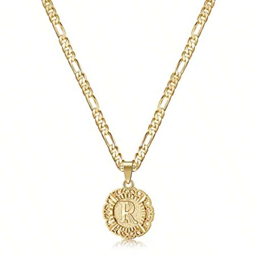 KissYan - Collar con inicial para mujer chapado en oro de 14 quilates collar con colgante de letra redonda con monograma capital alfabetos de A-Z Acero iidable Sin piedra preciosa - como en la foto - Ver 1