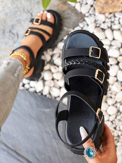 Fashionable Minimalist Women's Black Roman Sandals, Woven Straps, Adjustable Buckle Wedge Thick Sole Sandals, Suitable For Summer Daily, Outdoor Activities, Beach