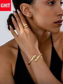 GNIT 镀金夸张首饰套装：水滴耳环、叠戴戒指、开口手镯，优雅时尚，适合日常佩戴、派对首饰、情人节礼物、母亲节礼物、DIY配件、节日礼物、毕业首饰、女士晚礼服配饰 - 水滴 - 查看 9