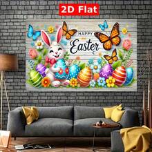 1 pièce Bannière plate 2D pour fête de Pâques avec des designs de lapins et de fleurs vifs, avec des œufs colorés, en tissu de polyester durable, convient pour les célébrations intérieures et extérieures, les toiles de fond photo, le garage, le studio, la décoration de la maison et du jardin - sans alimentation électrique requise, ornement de Pâques, accessoire pour événement de fête, design dynamique, décoration facile à installer, design plat 2D - 1 PCS (1 pièce) - Voir 3