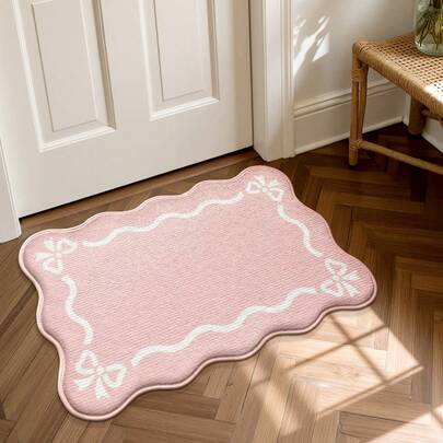 DAJIANG 1pc Unique Shaped Pink Bow Door Mat, Indoor Outdoor Carpet Cute Rugs For Bedroom, Bathroom, Kitchen, Entryway, Hallway, Bedside, Living Room, Washable, Anti-Slip Backing, Suitable For Autumn/Winter, Thanksgiving, Valentine's Day, Decoration