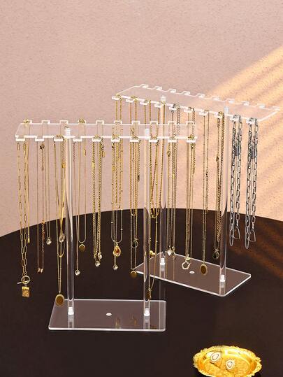 1pc New Desktop Vertical Jewelry Stand, Premium Jewelry Display Holder, Solid Color Transparent Single-Layer Acrylic Jewelry & Accessory Organizer For Necklaces, Bracelets, Anklets, Beaded Crafts And Pendants, Keeps Your Jewelry Neatly Displayed Without Tangling, Small Hanging Necklace Storage Rack With 20 Hooks, Cute Heart Design, Jewelry Display Stand For Women And Girls